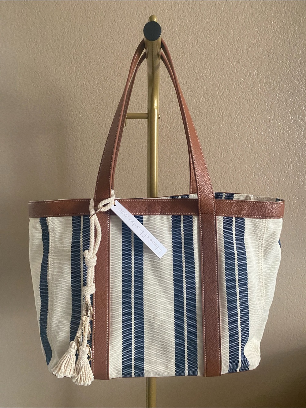 House of Harlow 1960 Blue Stripe Canvas Tote Bag Nautical Beach Shopper w/ Pouch